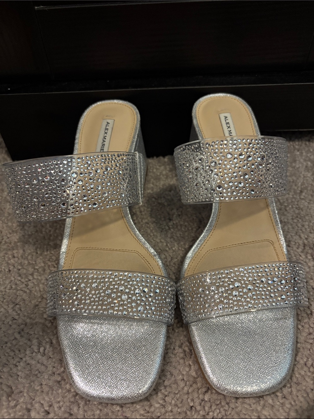Alex Marie Silver Crystal Double-Strap Mules Size 7